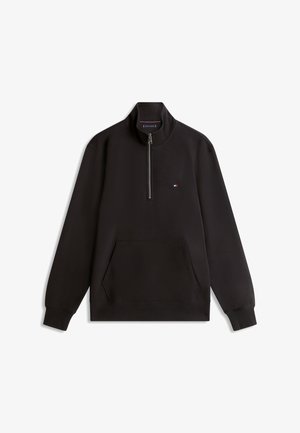 Black pullover with quarter zip, kangaroo pocket, ribbed cuffs and hem, featuring a small Tommy Hilfiger logo on the chest.