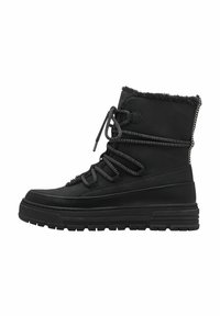 Bottines noires à lacets en matériau synthétique, dotées d'une doublure en fausse fourrure douce, d'une semelle en caoutchouc épaisse et d'accents texturés sur le laçage.