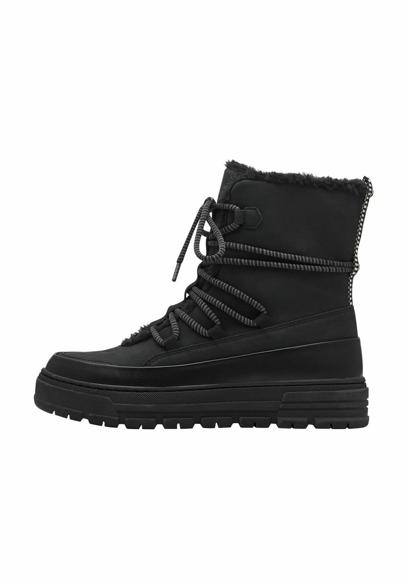 Bottines noires à lacets en matériau synthétique, dotées d'une doublure en fausse fourrure douce, d'une semelle en caoutchouc épaisse et d'accents texturés sur le laçage.