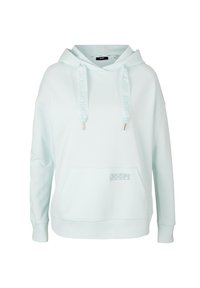 Light blue hoodie made of soft cotton blend, featuring a kangaroo pocket, drawstring hood, and a subtle logo patch on the front.