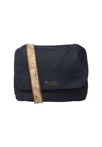 Borsa a tracolla blu navy con chiusura a patta e tracolla beige con un design di mappa vintage, brandizzata con "T'CLASSE" in lettere metalliche.