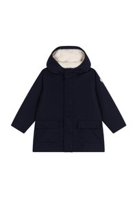 Marineblauer Mantel mit einer weichen, cremefarbenen Fleece-Fütterung, Kapuze und zwei vorderen Taschen; hat ein einfaches, gerades Design.