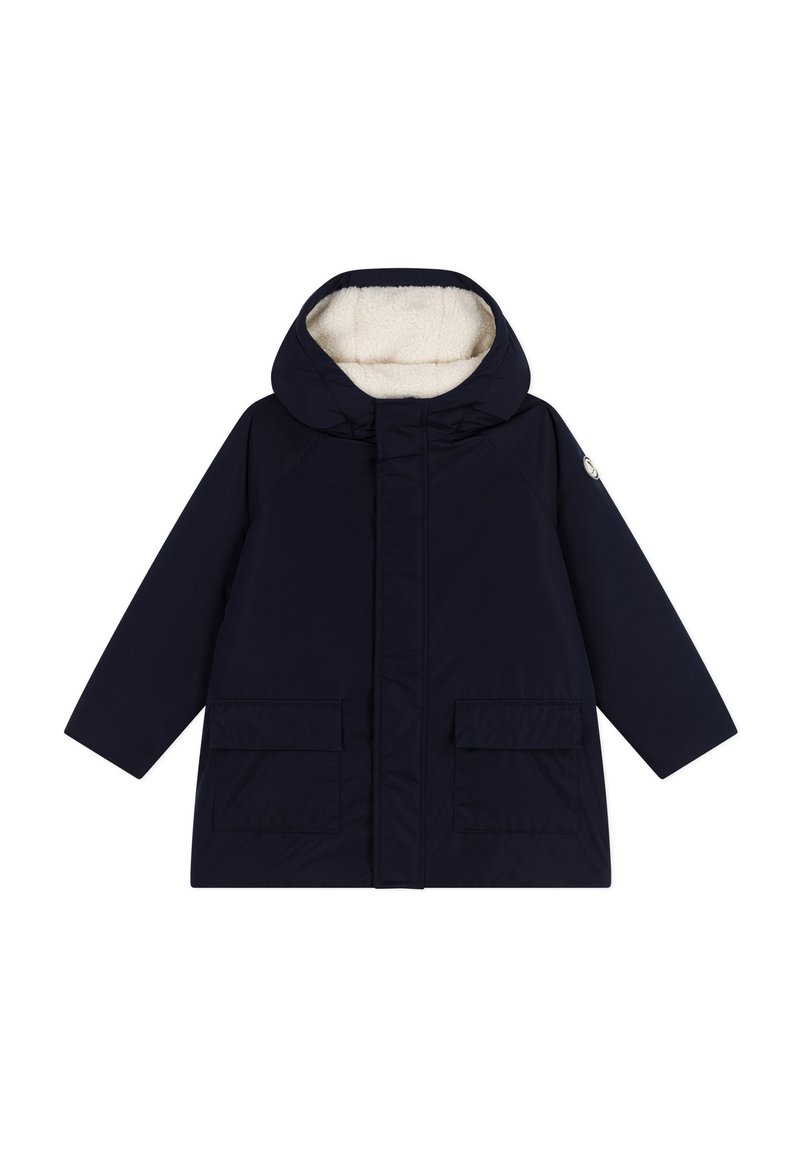 Marineblauer Mantel mit einer weichen, cremefarbenen Fleece-Fütterung, Kapuze und zwei vorderen Taschen; hat ein einfaches, gerades Design.