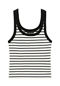 Sort og hvidstribet ribbet tanktop med rund halsudskæring og brede stropper. Stofferne er strikkede med en glat overflade. Etiket: Massimo Dutti.