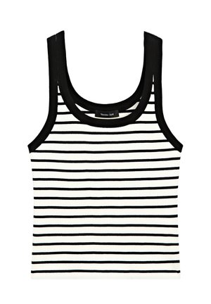 Black and white striped ribbed tank top with a round neckline and wide straps. Fabric is knit with a smooth texture. Label: Massimo Dutti.