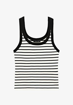 Sort og hvidstribet ribbet tanktop med rund halsudskæring og brede stropper. Stofferne er strikkede med en glat overflade. Etiket: Massimo Dutti.