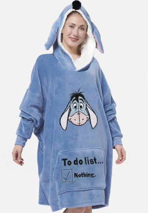 Felpa oversized blu in pile con interno morbido, caratterizzata dal viso di Eeyore sul davanti e una tasca con la scritta "Lista da fare... Niente."