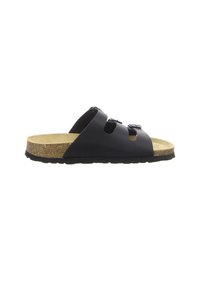 Schwarze Sandale mit offenem Zehenbereich, drei verstellbaren Schnallenriemen und einem Kork-Fußbett auf einer schwarzen Sohle, Seitenansicht.