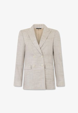 Beige double-breasted blazer met dunne verticale en horizontale strepen, revers met inkeping, vier knopen en twee voorste klepzakken.