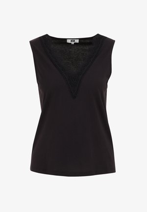 Juodas be rankovių marškinėlis su V formos dekoltė, puikuojantis sudėtingu nėrinių detaliu aplink kaklą ir minkšta, lygi medžiaga. Paprastas, tiesus siluetas.