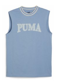 Jasnoniebieska bezrękawnik z białym kołnierzykiem w podwójne paski i dużym białym konturowym logo "PUMA" na piersi.