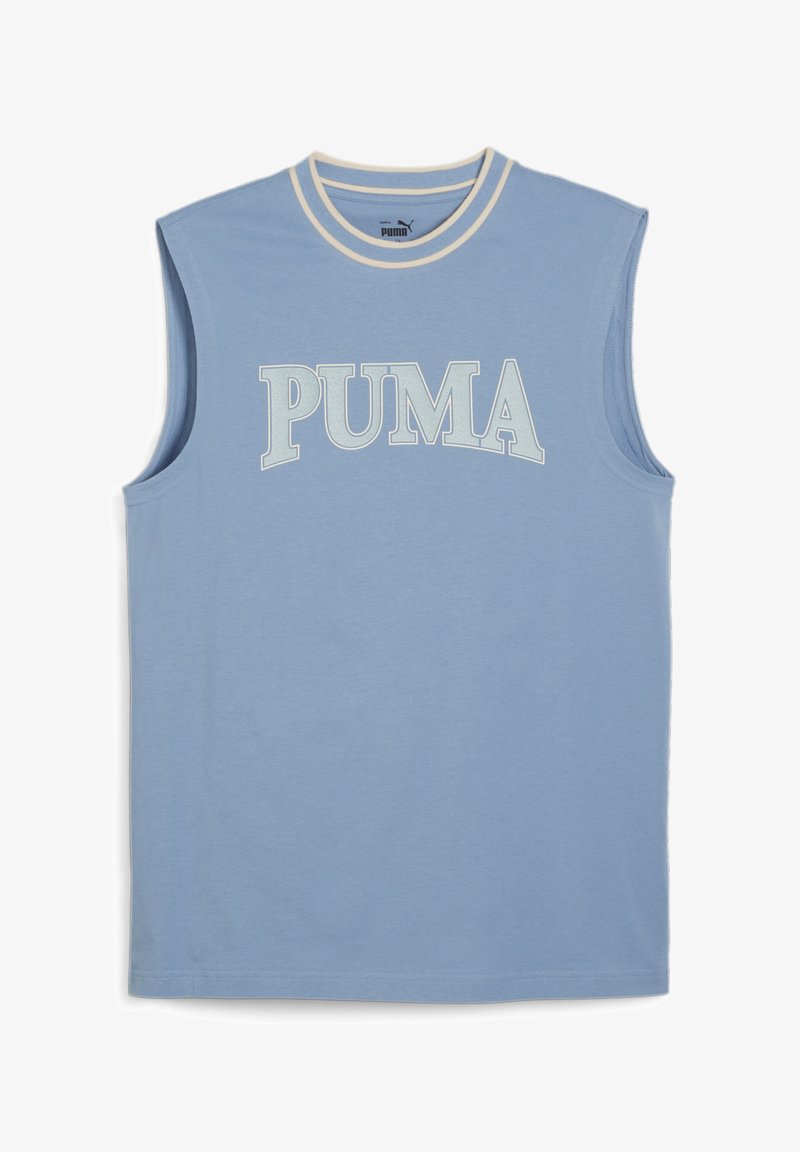 Jasnoniebieska bezrękawnik z białym kołnierzykiem w podwójne paski i dużym białym konturowym logo "PUMA" na piersi.
