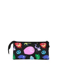 Trousse à crayons zippée en tissu noir présentant des motifs de personnages de dessin animé colorés en rose, vert, bleu et rouge avec une finition texturée.