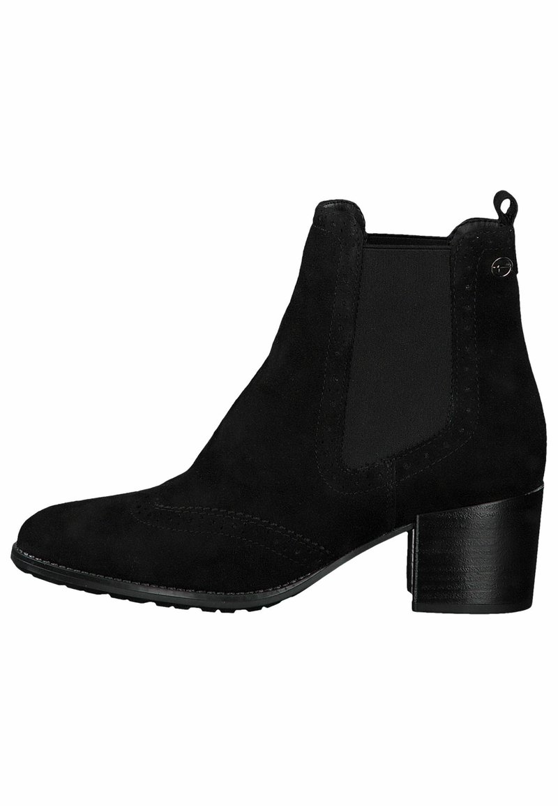 Bottine en daim noir avec talon carré, panneau latéral élastique, tirette à l'arrière et surpiqûres décoratives sur le bout et les côtés.