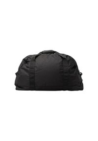 Black duffel bag made of durable fabric, featuring two sturdy handles and a spacious, rounded shape with a smooth texture.