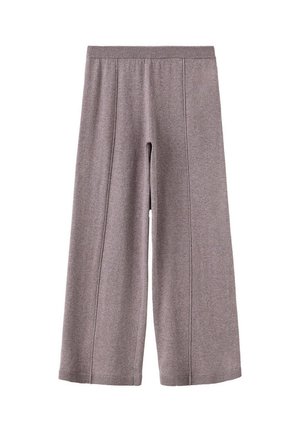 Pantalon en maille à jambes larges de couleur brun clair avec une taille haute élastique et des coutures verticales visibles sur chaque jambe.