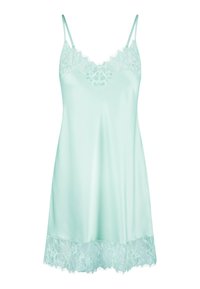 Abito a slip in satin verde menta con spalline regolabili, caratterizzato da un bordo in pizzo floreale lungo il scollo e l'orlo per un tocco di eleganza.