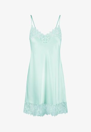 Abito a slip in satin verde menta con spalline regolabili, caratterizzato da un bordo in pizzo floreale lungo il scollo e l'orlo per un tocco di eleganza.