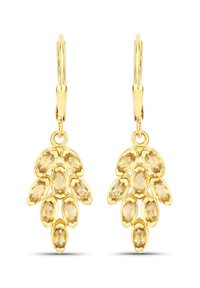 Gouden oorbellen met een bladerenontwerp en meerdere druppelvormige edelstenen in lichtgele tinten, met een hoogglans afwerking en fijne details.
