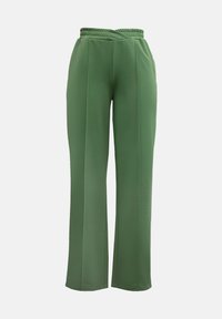 Pantaloni verdi a gamba larga con cintura elastica e una texture liscia, caratterizzati da un design incrociato in vita e senza hardware visibile.