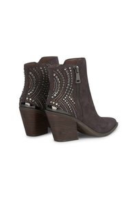 Stivali alla caviglia in suede con tacco a blocco, caratterizzati da strass decorativi in un motivo a onda e una cerniera laterale. Colore grigio scuro.