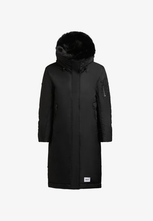 Zwarte lange jas met een met bont gevoerde capuchon, ritszakken en zijkanten met ritsen. Glad, waterafstotend materiaal. Bevat een logopatch aan de onderkant.