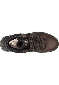 Braune Leder-Wanderschuhe mit schwarzem Stofffutter, runder Zehenpartie und Metallösen. Verfügt über eine strukturierte Außensohle und gepolsterten Schaft.