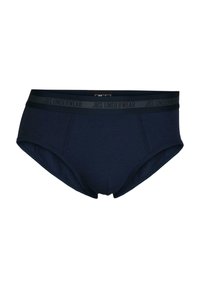 Mørkeblå herre-trusser lavet af blødt stof, med en sort elastisk kant med "JBS UNDERWEAR" logo og en glat overflade.