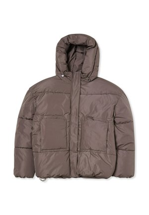 Giubbotto trapuntato in un colore marrone tenue, dotato di cappuccio, due tasche frontali e cuciture rinforzate per una migliore isolamento. Tessuto liscio e imbottito.