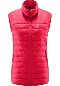 Punainen hihaton toppaliivi, jossa on edessä vetoketju ja korkea kaulus, ja rinnassa Haglöfsin logo.