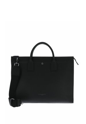 Schwarze, strukturierte Leder-Tote-Bag mit zwei oberen Griffen, einem abnehmbaren Schulterriemen und einem Reißverschluss. Mit einem Logodetail auf der Vorderseite.