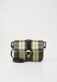 Kloze crossbody taška s kostkovaným vzorem v zelené, béžové a žluté barvě. Černý kožený akcentní popruh a zapínání. Zlaté kovové detaily.