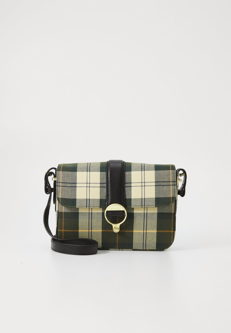 Kloze crossbody taška s kostkovaným vzorem v zelené, béžové a žluté barvě. Černý kožený akcentní popruh a zapínání. Zlaté kovové detaily.