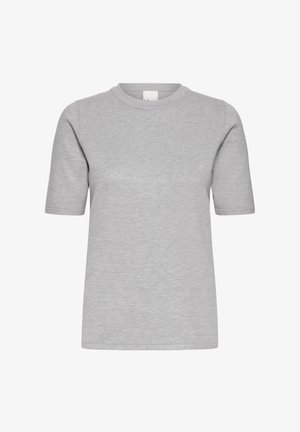 T-shirt gris à manches courtes avec un col rond, fabriqué en tissu doux et léger, présentant une texture lisse sans motifs ni marques visibles.