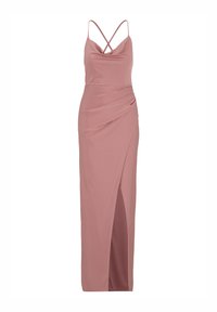 Robe maxi rose poussiéreuse avec des fines bretelles croisées, un décolleté drapé et une fente sur le côté, présentant une texture drapée à la taille.