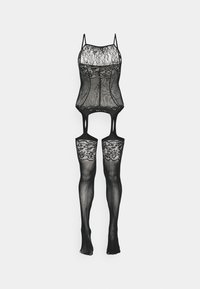 Černý krajkový bodysuit s elastickými popruhy a průhlednými punčochami. Má květinovou krajkovou lemovku na vrchu a na stehně, texturovanou látku po celém povrchu.