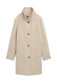 Beige gyapjú kabát magas, hajtott gallérral, elülső gombos zárással, két oldalsó zsebbel és egyenes, hosszú ujjakkal. Puha tapintású, minimalista dizájn.