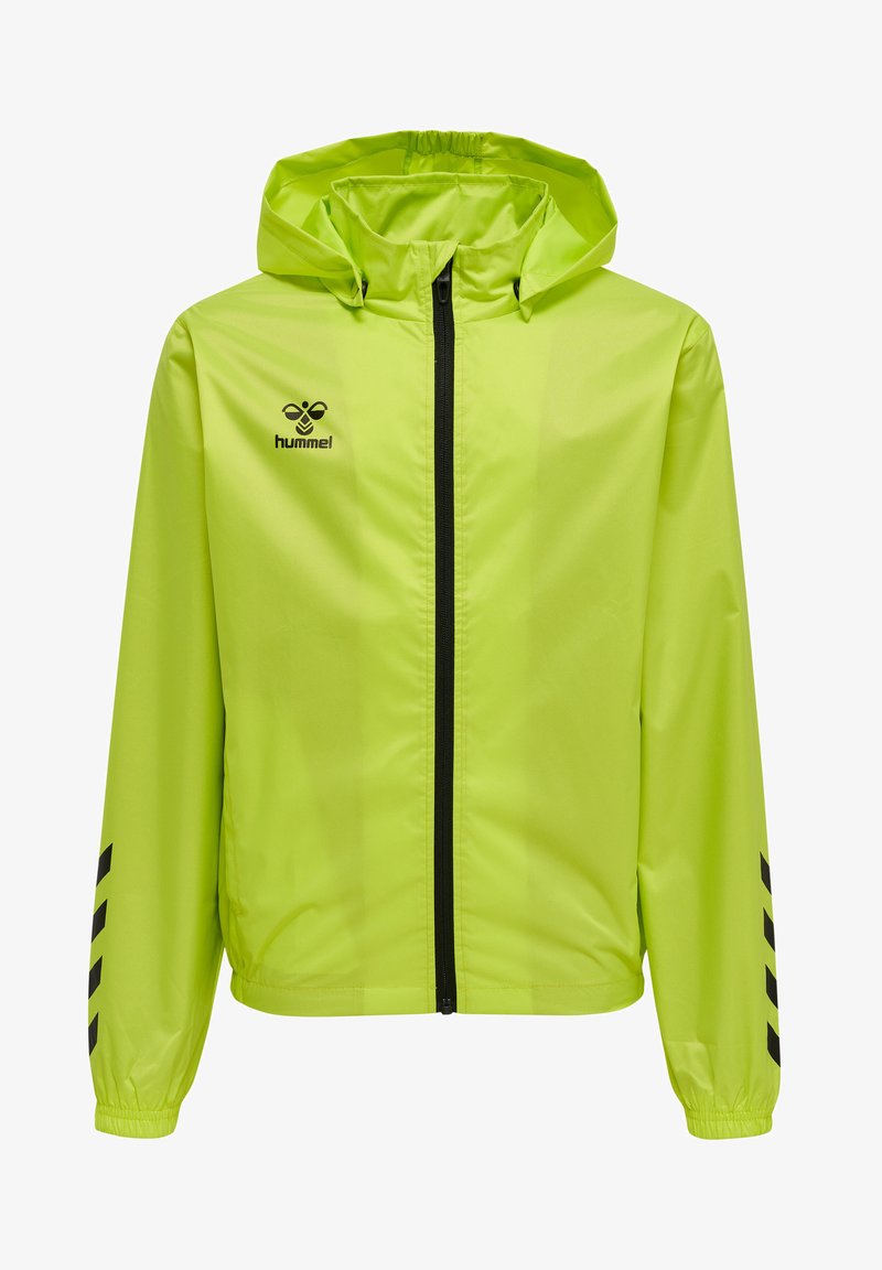 Ljus limegrön lättviktsjacka med huva, svart dragkedja och svarta chevronaccenter på ärmarna. Tillverkad av vattentåligt material.