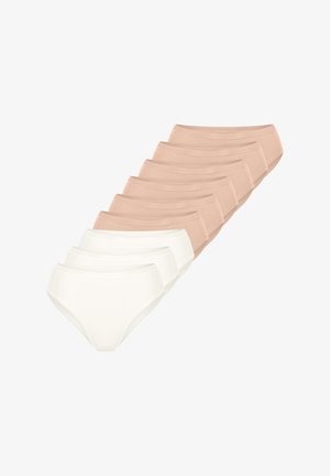 Ensemble de huit culottes hipster pour femmes en beige clair et blanc, fabriquées à partir d'un tissu lisse avec des ceintures élastiques pour le confort.