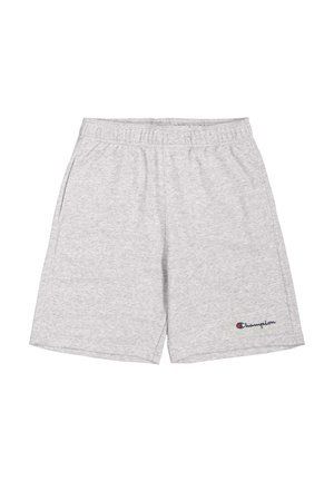 Grijze katoenen shorts met een elastische tailleband, zijzakken en een klein geborduurd logo in blauw en rood op het linkerpijp.