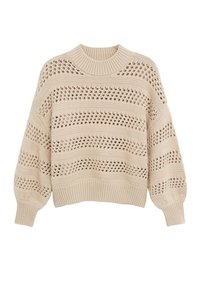 Beżowy sweter dzianinowy z ażurowymi poziomymi paskami, żebrowanym okrągłym dekoltem, mankietami i dolnym wykończeniem, charakteryzujący się luźnym krojem i długimi rękawami w kształcie balonu.