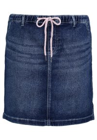 Falda de denim en azul oscuro con cintura con cordón y acentos rosas. Presenta un ajuste slim y dobladillo cosido. Textura suave.