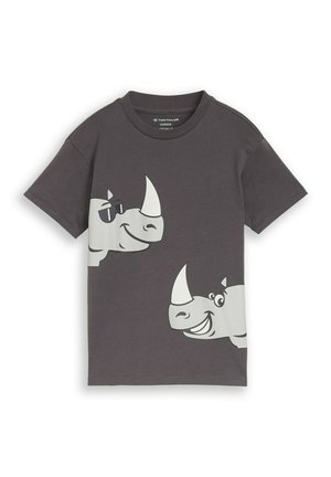 T-shirt gris foncé à manches courtes avec deux rhinocéros dessinés souriants, dont un porte des lunettes de soleil, imprimés à l'avant.