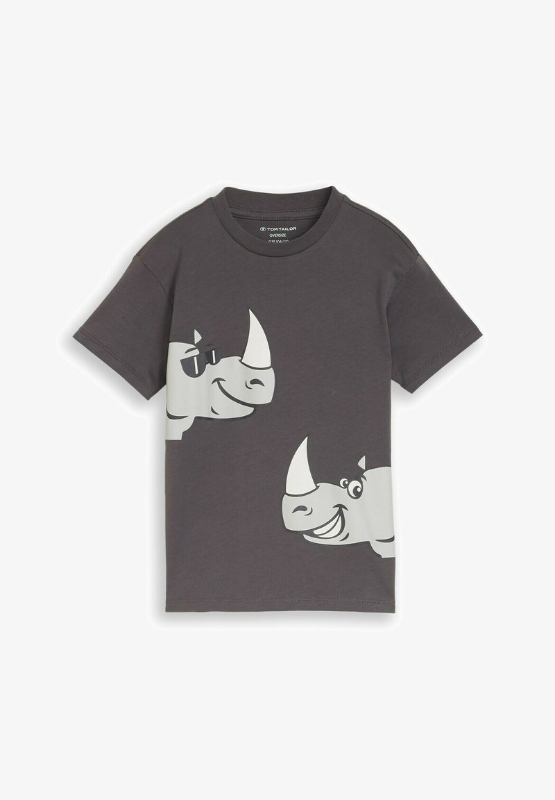 T-shirt gris foncé à manches courtes avec deux rhinocéros dessinés souriants, dont un porte des lunettes de soleil, imprimés à l'avant.