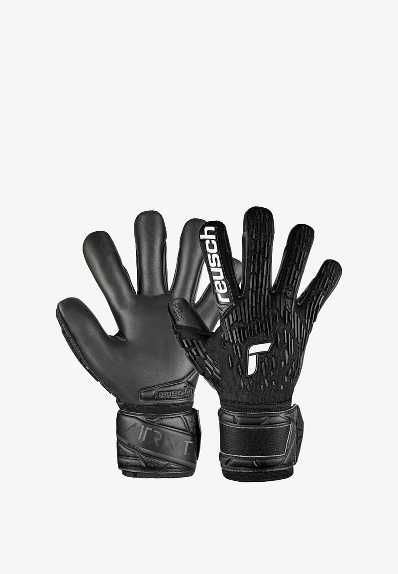 Schwarze Torwart-Handschuhe mit strukturiertem Grip, gepolsterter Handfläche und verstärktem Handgelenkriemen. Hergestellt aus synthetischen Materialien mit Markenlogo.