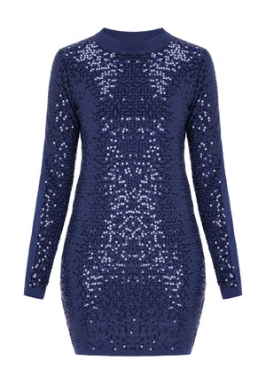 Tengerészkék, hosszú ujjú, testhezálló ruha, amely fényes flitterekkel van borítva, kerek nyakkivágással, bordázott mandzsettákkal és szegéllyel.