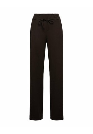 Zwarte casual broek met een taillekoord en rechte pijp, afgebeeld tegen een witte achtergrond.