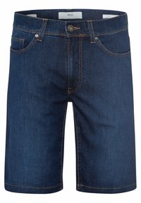 Tummansiniset farkkushortsit, joissa on kontrastiväriset tikkaukset. Ominaisuuksiin kuuluu tavallinen viisi-taskuinen malli ja etunappikiinnitys. Luja pinta.