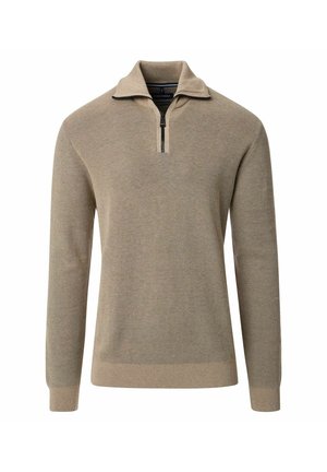 Beige knitted sweater with a half-zip collar, long sleeves, ribbed cuffs and hem, textured fabric, and subtle stitching details.