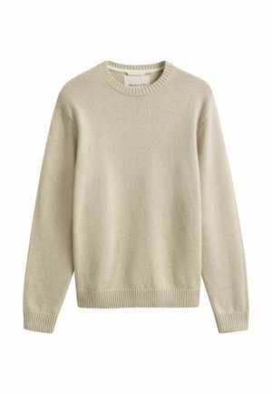 Beige trui met lange mouwen en ronde hals, met geribde manchetten en zoom, gemaakt van zachte gebreide stof, gelabeld GANT.